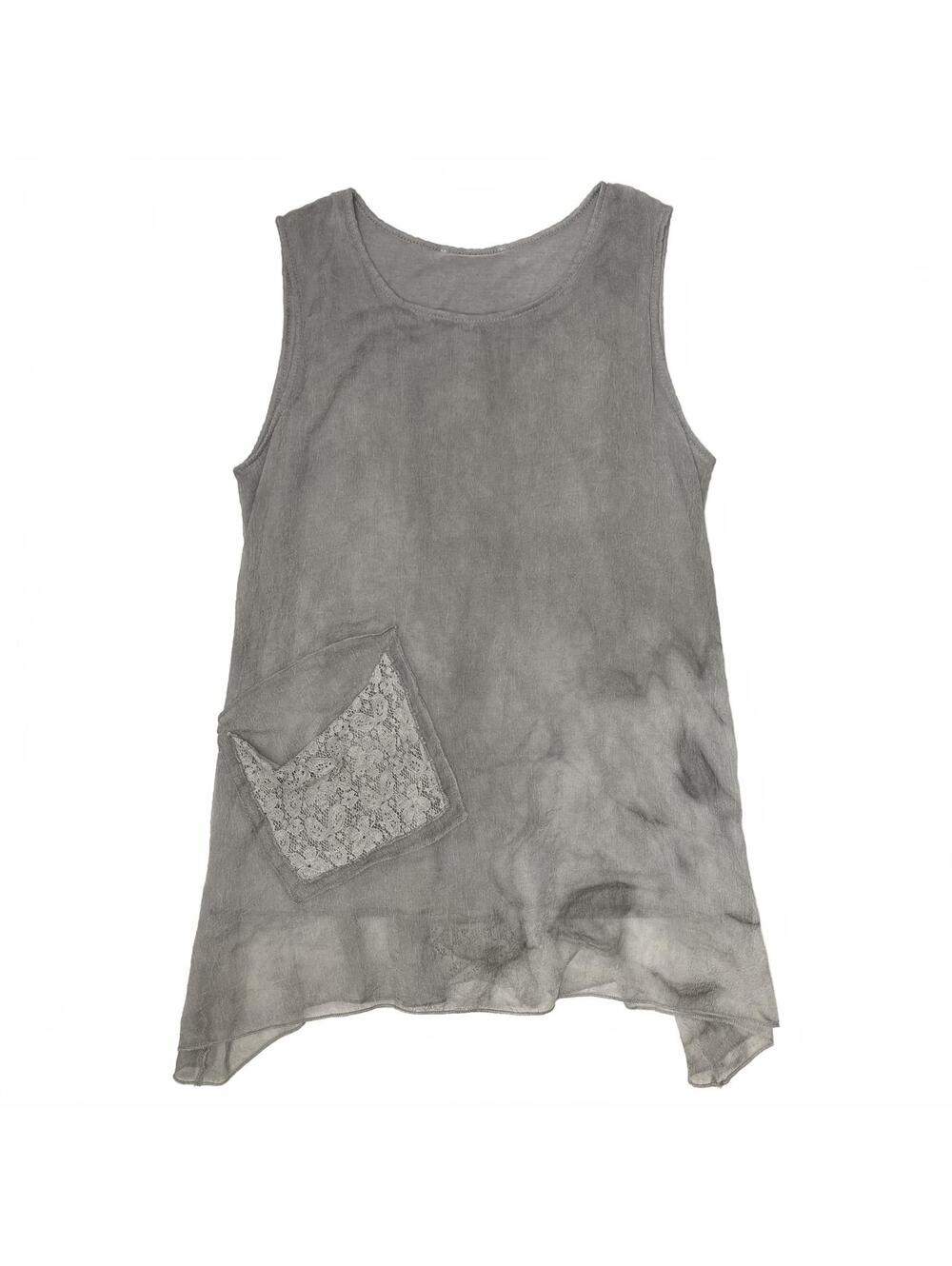 Fairy Grunge Boho Sz L Grey Sleeveless Tunic Lace Patchwork Pocket & Back Panel